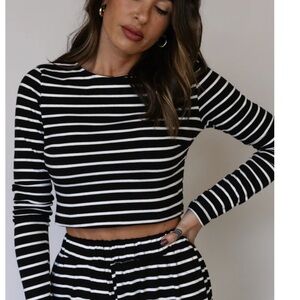 Striped Black and White Long Sleeve Crop Top